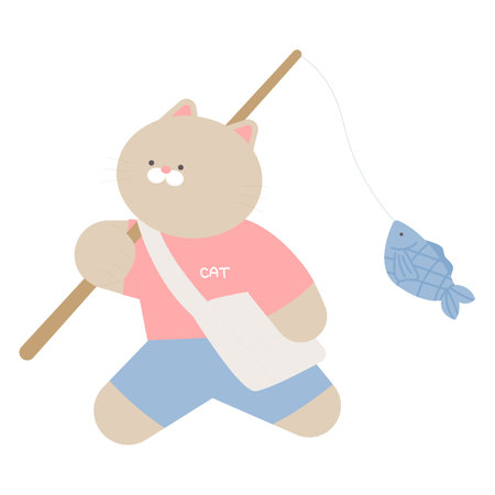 sea life illustration. A cat carrying a fishing rod on its shoulder.のイラスト素材
