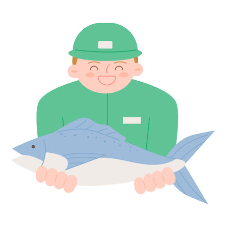 sea life illustration. A fisherman holding a big fish.のイラスト素材