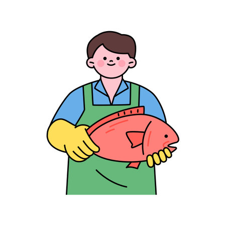 sea life illustration. A fishmonger is holding a fish.のイラスト素材