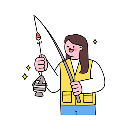 sea life illustration. A fisher woman is holding a fishing pole with a fish on it.のイラスト素材