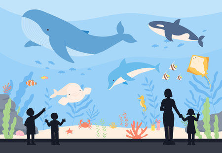 Various creatures live in the aquarium, and people are watching. flat vector illustration.のイラスト素材