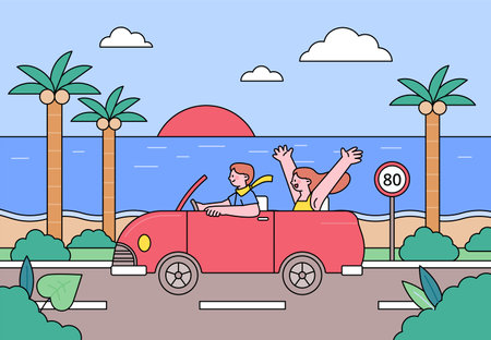 car driving holiday trip. A couple enjoys driving down a beach road in a convertible.のイラスト素材