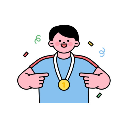An athlete is delighted with a gold medal hanging around his neck and pointing with his finger.のイラスト素材