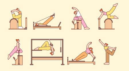 People are exercising with Pilates equipment. Various Pilates postures. outline flat style illustration.のイラスト素材