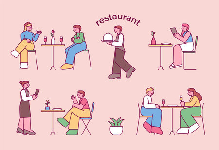 People eating and serving food in a restaurant. outline simple vector illustration.のイラスト素材