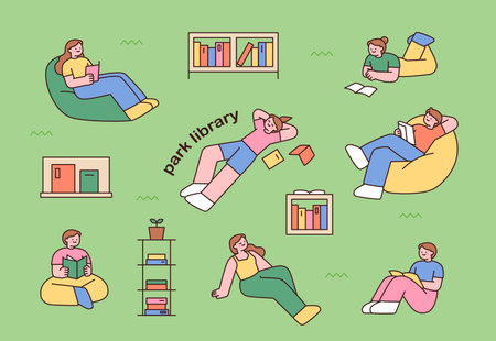 People are sitting comfortably in the park and reading books. outline simple vector illustration.のイラスト素材