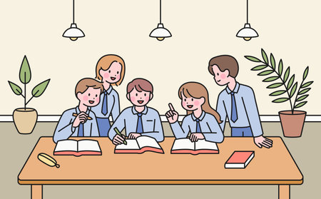Students in school uniforms are sitting together and discussing. outline simple vector illustration.のイラスト素材