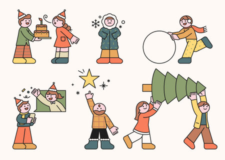 Cute characters enjoying Christmas. outline simple vector illustration.のイラスト素材