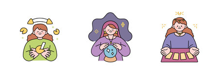 Fortune tellers. Fortune cookies, crystal balls, and tarot cards are symbols of superstitious good luck. outline simple vector illustration.のイラスト素材