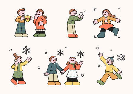 Couples having a happy date on a snowy Christmas. outline simple vector illustration.のイラスト素材