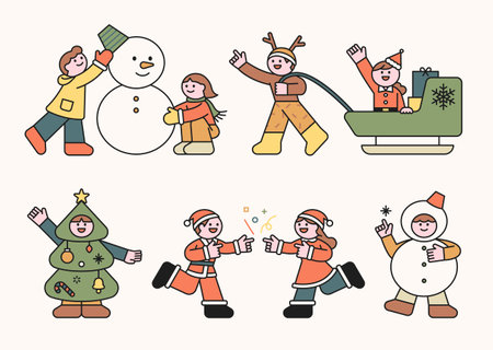 Cute characters in Christmas costumes. outline simple vector illustration.のイラスト素材