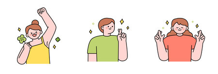 People making a lucky gesture with their fingers. A person holding a four-leaf clover. outline simple vector illustration.のイラスト素材