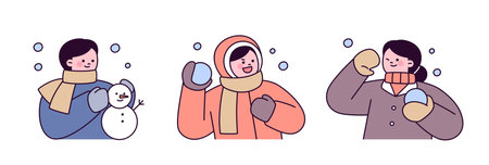 winter people. People making snowmen and having snowball fights on a snowy day.のイラスト素材