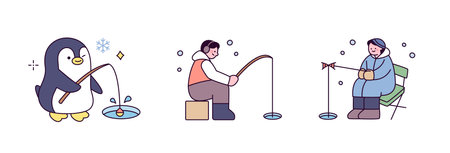 People and cute penguins are going winter fishing on a frozen river.のイラスト素材