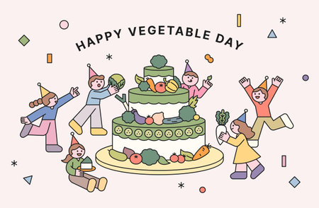 Happy Vegetable Day. Cute kids are celebrating by making a giant cake out of vegetables. Cuttiny character with outline.のイラスト素材