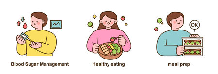 People who take care of themselves for a healthy lifestyle. Diabetes check, healthy eating, meal prep.のイラスト素材