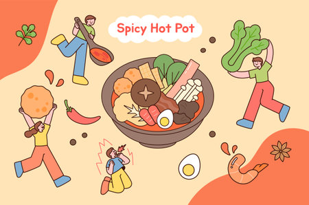 People holding spicy spicy dishes and large cooking ingredients.のイラスト素材