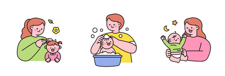 Cute baby and parents. Dad and Mom are washing, dressing, and tying the baby's hair.のイラスト素材