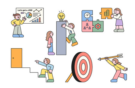 Recruitment and Job Search. People looking for goals, specifications and ideas for business activities.のイラスト素材
