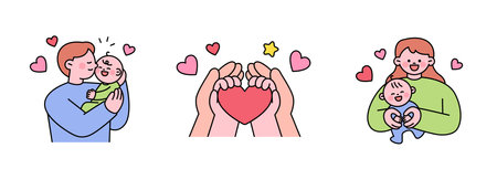 Cute baby and parents. Dad and mom are holding a baby. A small baby's hand in an adult's hand.のイラスト素材