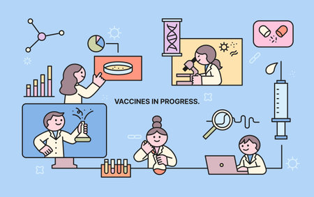 Researchers are developing a vaccine. Concept illustration of an organized structure. Cuttiny character with outline.のイラスト素材