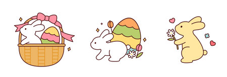 Cute Easter bunny with decorated eggs and flowers. Adorable rabbit in pastel colors. Hand-drawn vector illustration, perfect for greeting cards, stickers, and holiday designs.のイラスト素材