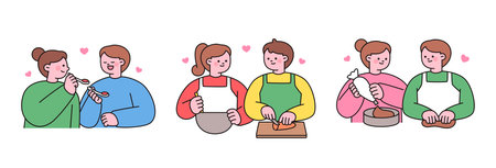 Illustration of couples cooking and baking together, showing love, teamwork, and happiness in the kitchen.のイラスト素材