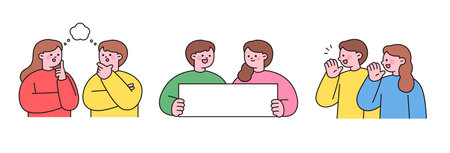 Illustration of people discussing, thinking, presenting, and greeting each other. Represents communication, teamwork, and social interaction.のイラスト素材