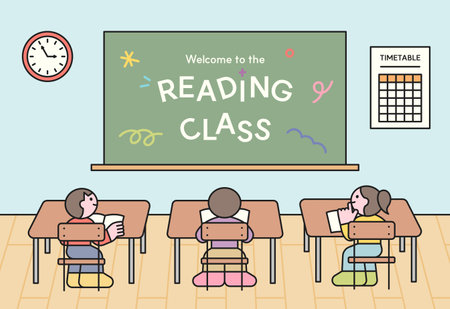 Children reading books in a classroom with a chalkboard that says 'Welcome to the Reading Class'. Flat vector illustration of a school learning environment.のイラスト素材
