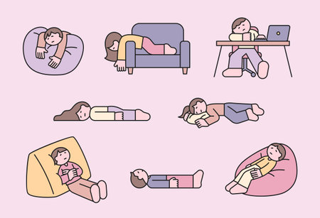 Cute illustration of tired and exhausted people in various resting poses, depicting laziness, fatigue, and relaxation. Simple and modern design.のイラスト素材