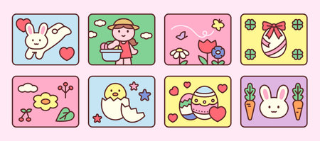Cute Easter-themed vector illustrations with bunny, eggs, flowers, and spring elements in pastel colors. Perfect for kids and holiday designs.のイラスト素材