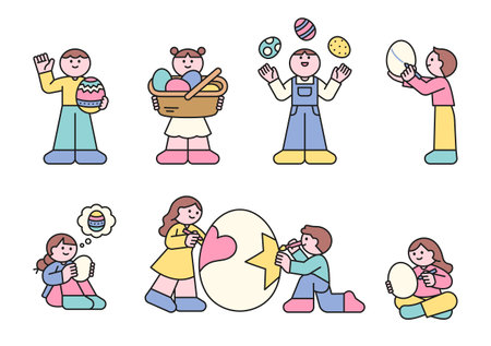 Cute kids decorating and playing with Easter eggs. Fun spring holiday vector illustration showing children with colorful eggs in various scenes.のイラスト素材