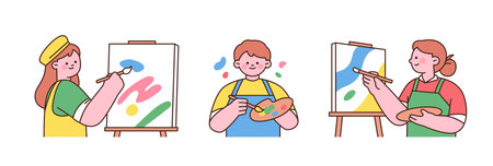Cute kids painting on canvas with colorful brush strokes. Flat vector illustration of children doing art activities.のイラスト素材