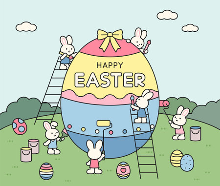 Cute bunnies decorating a giant Easter egg together in a spring field. Fun and colorful vector illustration perfect for Easter celebrations.のイラスト素材