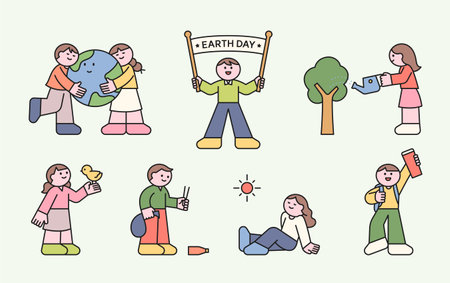 Cute flat style illustrations of children celebrating Earth Day, protecting nature, planting trees, recycling, and enjoying the outdoors. Eco-friendly concept.のイラスト素材