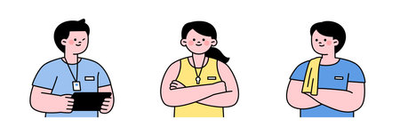 Flat illustration of fitness trainers and staff in sportswear, ideal for health, wellness, and gym-related content.のイラスト素材