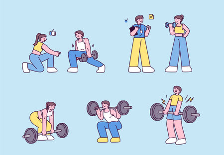 Cute flat illustrations of people weight training with dumbbells and barbells at the gym, including personal trainer guidance.のイラスト素材