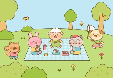 Cute animal friends having a picnic with lunch boxes and drinks in nature. Cartoon illustration featuring bunny, dog, cat, sheep, and squirrel enjoying sunny weather.のイラスト素材