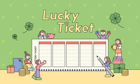 Cute flat illustration of people preparing lucky lottery tickets with symbols of fortune. Concept of hope, dream, and winning in a fun and charming style.のイラスト素材