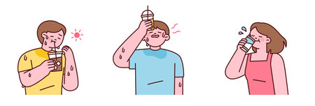 Three people experiencing summer heat and trying to cool down with cold drinks.のイラスト素材