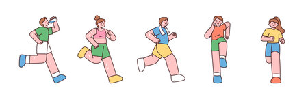 People running and exercising, showing various actions like drinking water and wiping sweat.のイラスト素材