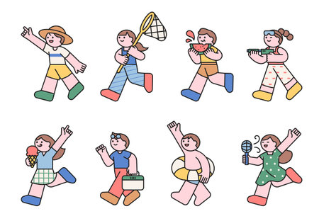 Happy characters engaging in different summer leisure and fun. Collection of joyful people in summer outfits with various items.のイラスト素材