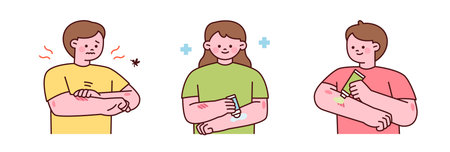 An illustration depicting a person suffering from a mosquito bite, followed by applying soothing cream for relief. Ideal for healthcare, summer, or insect bite related content.のイラスト素材