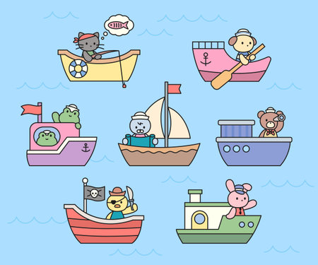 A cute illustration set of various animal characters in different boats on the sea, like a cat, dog, bear, and bunny. Ideal for children's, summer, and nautical designs.のイラスト素材