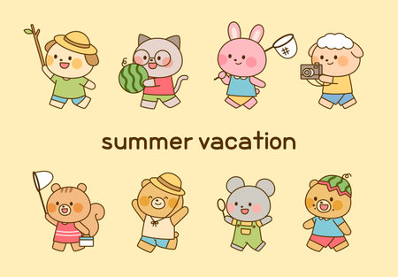 A cute illustration featuring various animal characters enjoying their summer vacation. Playful poses and cheerful scenes perfect for summer and holiday themes.のイラスト素材