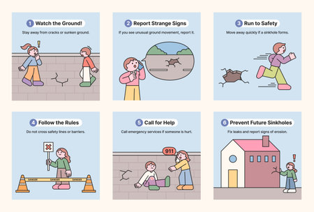 An infographic illustration explaining sinkhole safety, prevention, and response. It details steps to take when encountering ground issues and how to report them.のイラスト素材