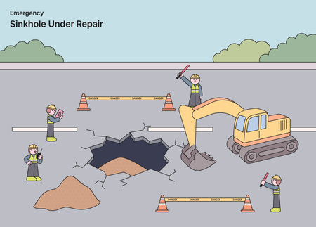 An illustration depicting a sinkhole under repair with construction workers and an excavator on a damaged road, highlighting emergency maintenance.のイラスト素材