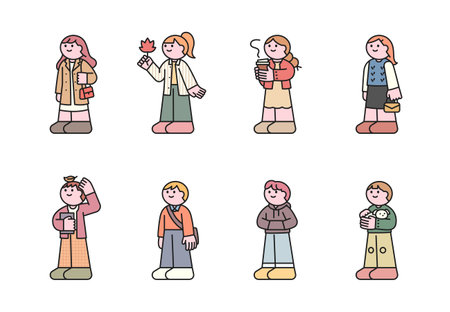 They are holding items like an autumn leaf, a coffee cup, or a book, making this set ideal for themes related to fall, daily life, education, or cozy moments.のイラスト素材