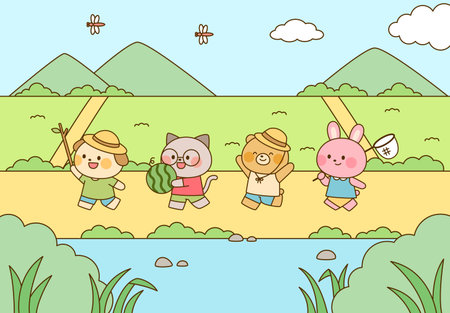 Cute animal friends on a summer vacation. A boy, a cat, a bear, and a rabbit are enjoying a refreshing trip by the river, with mountains and clouds in the background,のイラスト素材