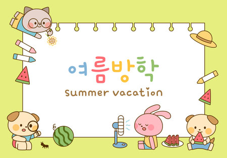 A cute illustration of "Summer Vacation" written in Korean and English, surrounded by charming animal characters and summer elements like watermelon, a fan, and stationery.のイラスト素材